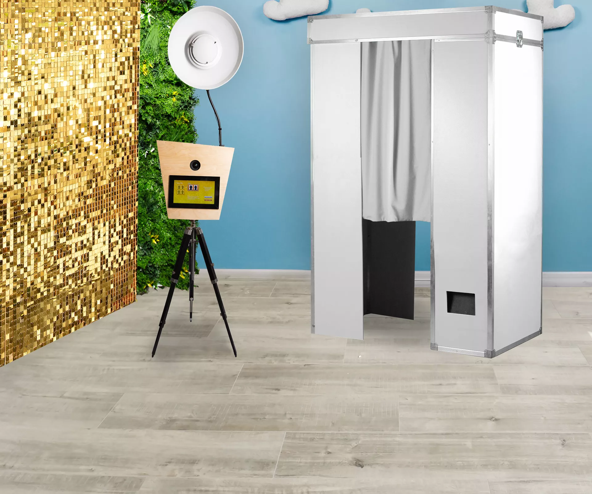 Holz Fotobox und Fotoautomat mit Hintergrundsystem